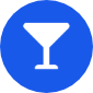 White martini glass icon centered on a solid blue circular background. White martini glass icon centered on a solid blue circular background.