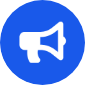 White megaphone icon centered on a solid blue circular background. White megaphone icon centered on a solid blue circular background.