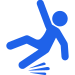 Blue icon of a person slipping and falling backward, with motion lines under one foot to indicate a slip or loss of balance. Blue icon of a person slipping and falling backward, with motion lines under one foot to indicate a slip or loss of balance.