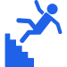 A blue icon of a person falling down a set of stairs, with one arm raised and legs in the air, indicating a slipping or falling accident. A blue icon of a person falling down a set of stairs, with one arm raised and legs in the air, indicating a slipping or falling accident.