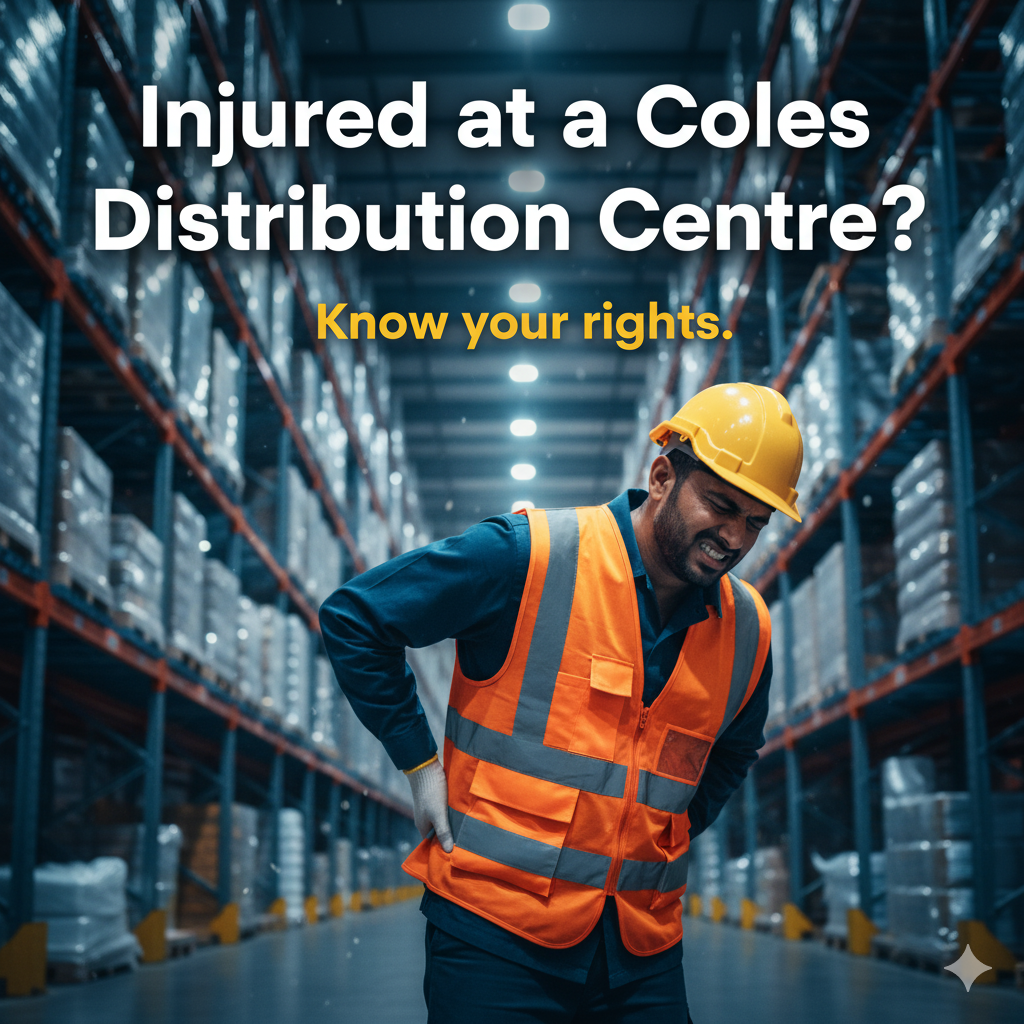 Coles Distribution Centre Worker Injured: Back Pain & Your Rights Injured Coles Distribution Centre worker experiencing back pain in a warehouse, with overlay text 'Injured at a Coles Distribution Centre? Know your rights.