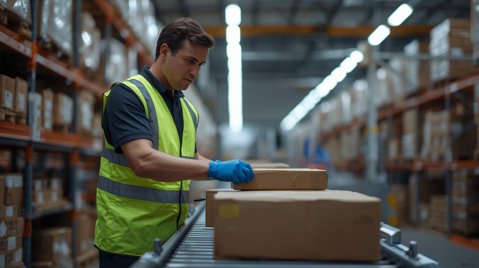 A warehouse worker wearing a yellow safety vest and blue gloves arranges cardboard boxes on a conveyor belt, surrounded by shelves filled with packages in a large, well-lit storage facility. A warehouse worker wearing a yellow safety vest and blue gloves arranges cardboard boxes on a conveyor belt, surrounded by shelves filled with packages in a large, well-lit storage facility.